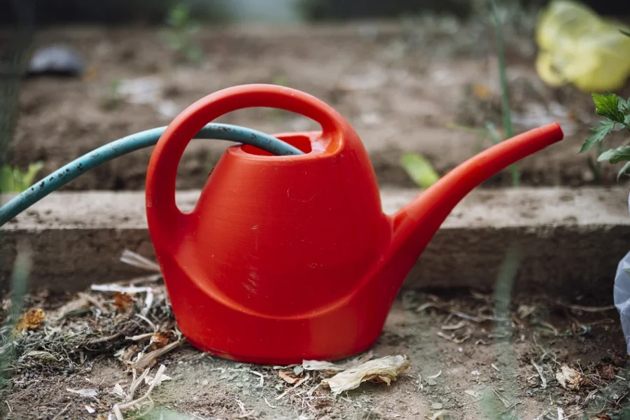 Regador vermelho apoiado sobre terra seca de um canteiro, ao lado de uma mangueira