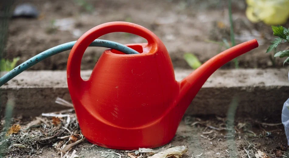 Regador vermelho apoiado sobre terra seca de um canteiro, ao lado de uma mangueira