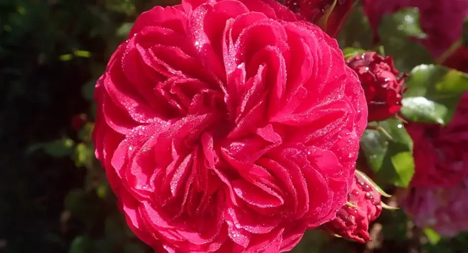 Rosa vermelha aberta com botões ao fundo numa roseira, após sol pleno e poda de primavera