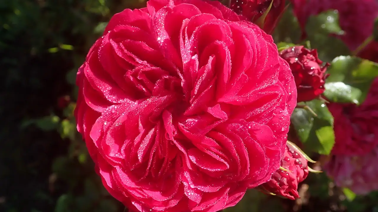 Rosa vermelha aberta com botões ao fundo numa roseira, após sol pleno e poda de primavera